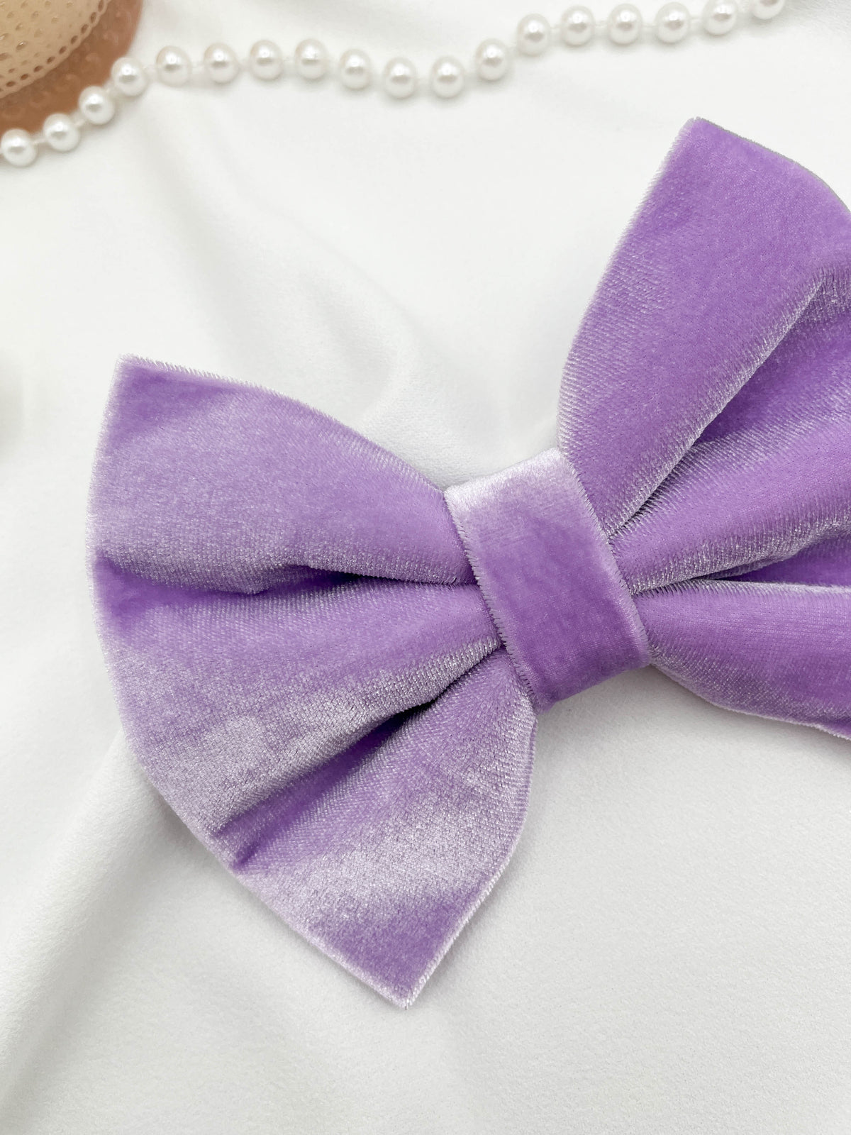 Purple velvet bow on a white background