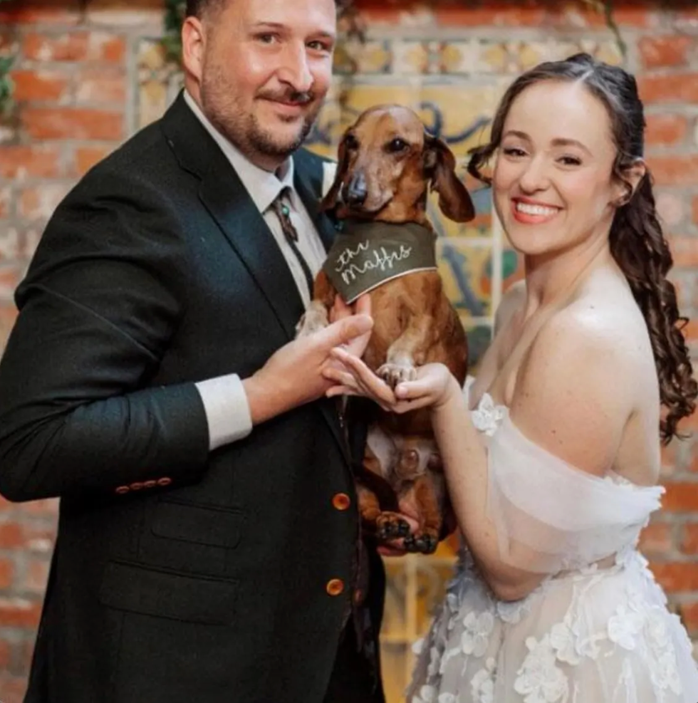 Man and woman in formal attire holding a dachshund with a sign in front of a brick wall.