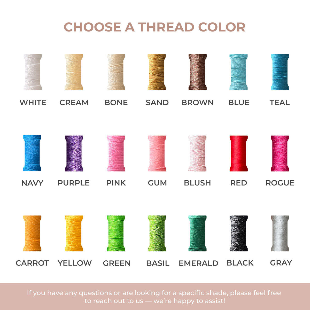 Color swatch chart for thread options with labels on a white background