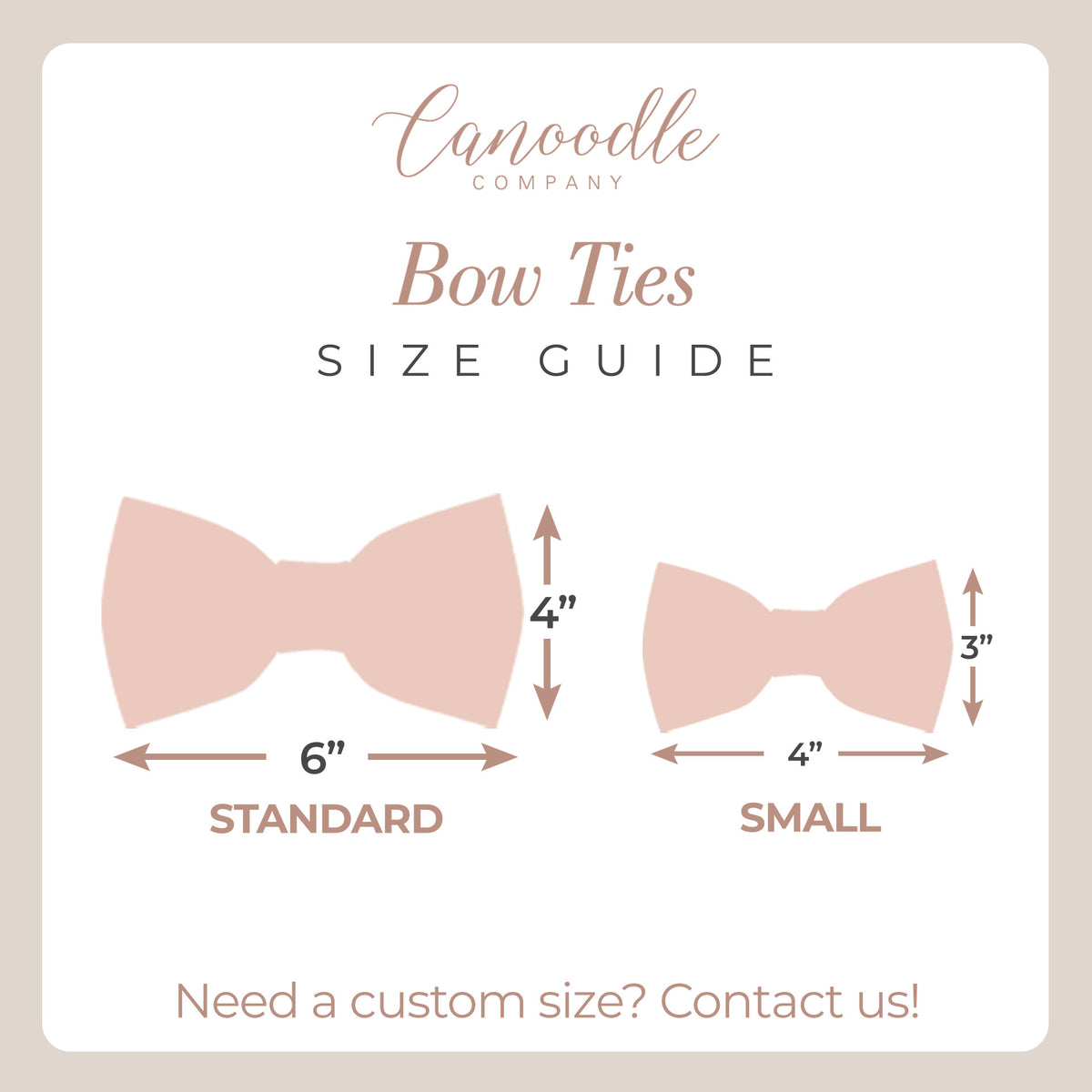 Size guide for Canoodle Company bow ties with measurements and contact information.