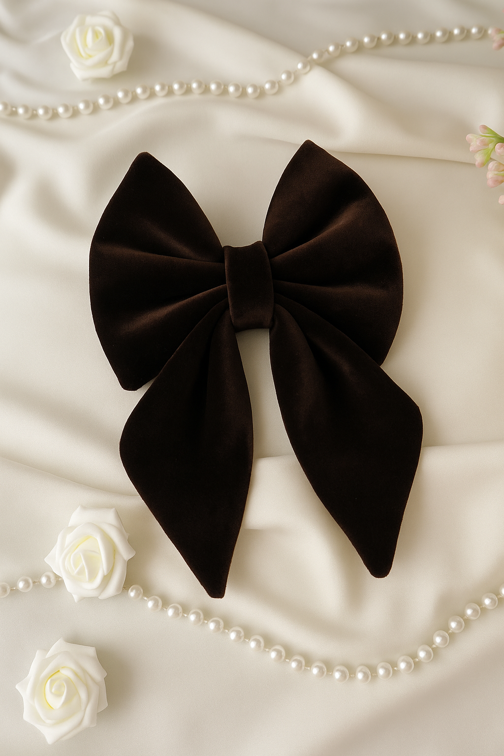 Brown bow on a white fabric background with pearls and flowers