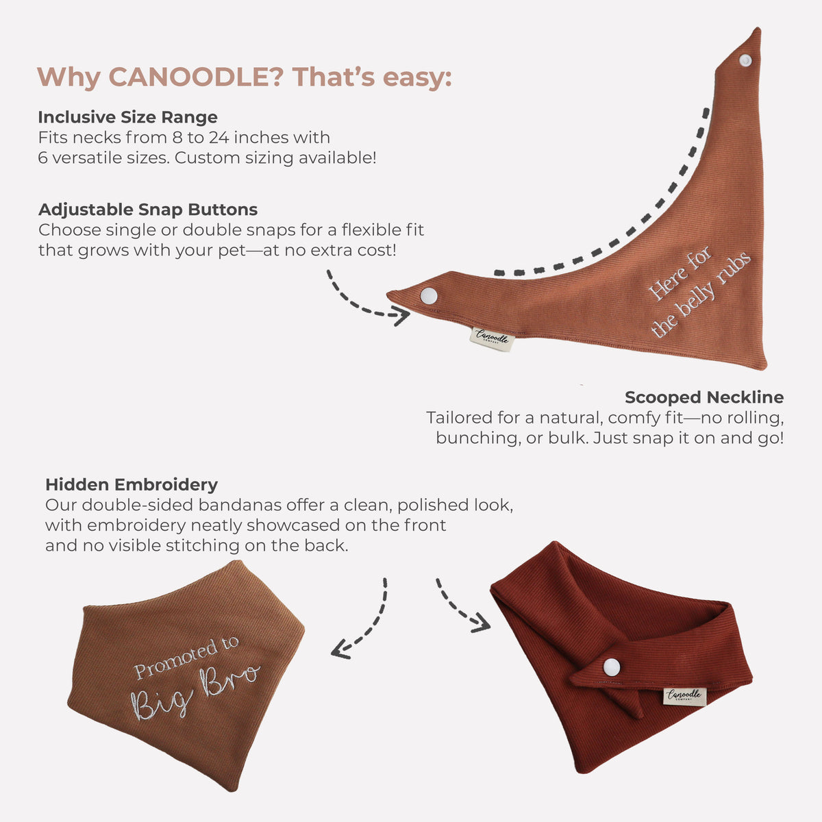 Brown bandana with text and adjustable snap buttons on a white background