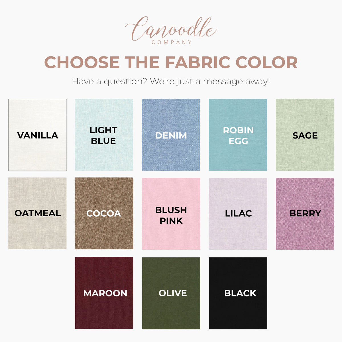 Fabric color swatches with labels and Canoodle Company branding