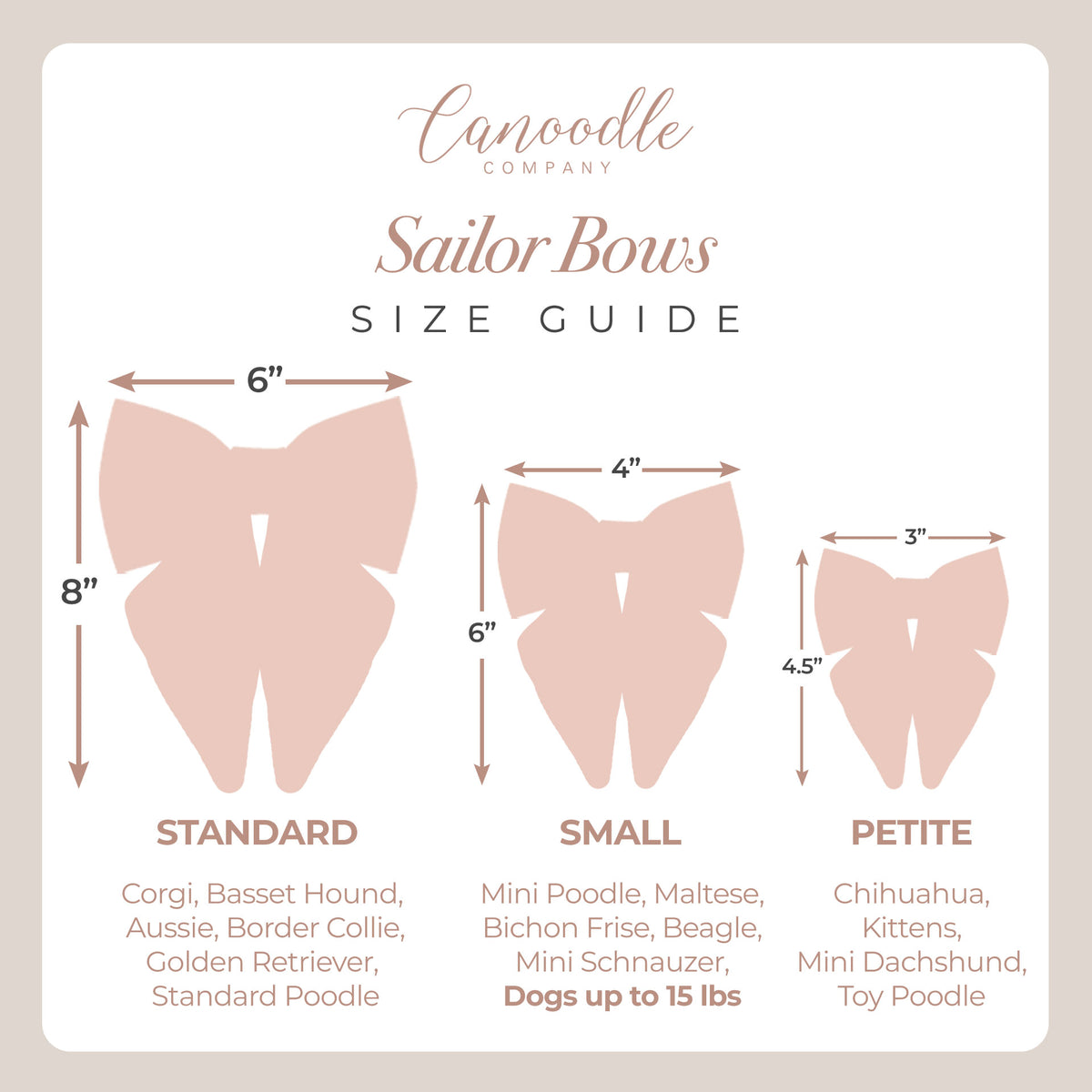 Size guide for Canoodle Company Sailor Bows with dimensions and dog breed recommendations.
