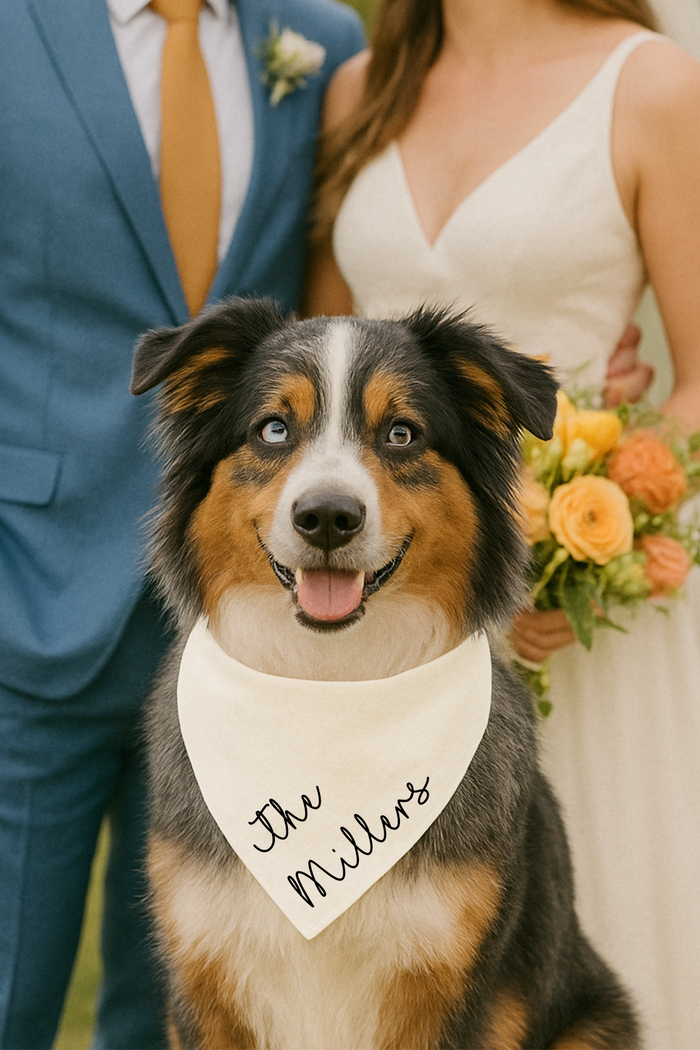 Dog wearing a bandana with 'the Millers' on it, standing between a couple in wedding attire.