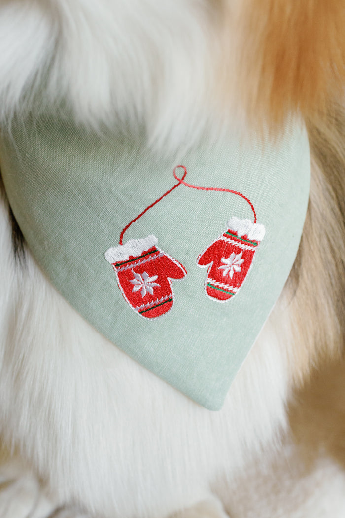 Dog wearing a light green bandana with red mittens embroidered on it.