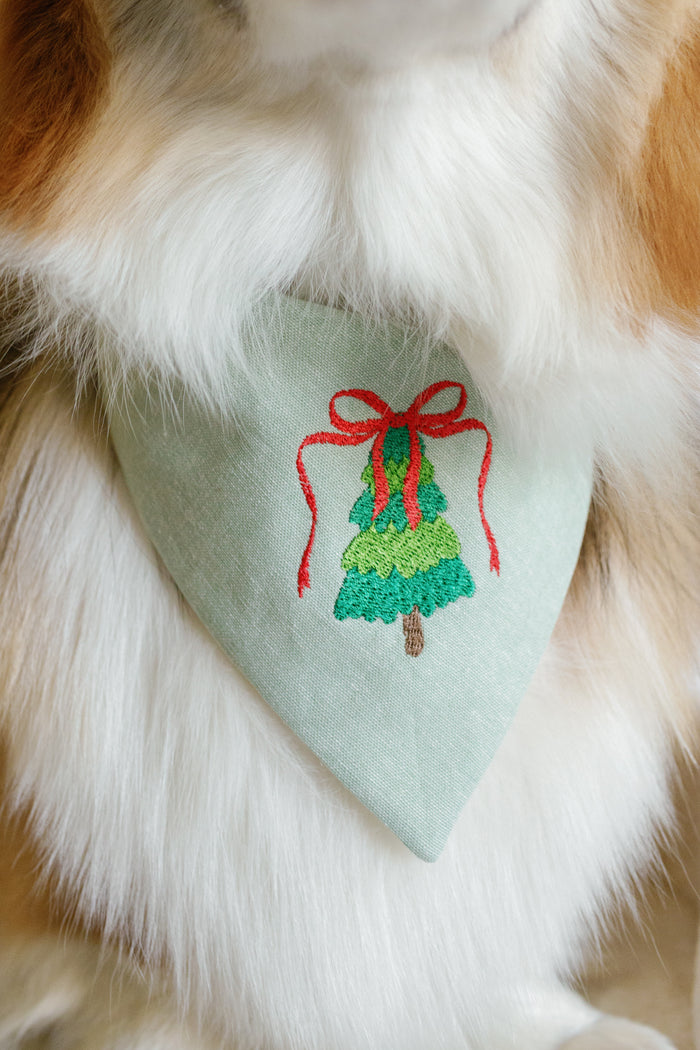 Dog wearing a green bandana with a Christmas tree design on a fluffy white and brown dog.