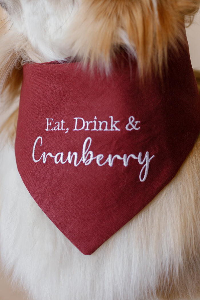 Red bandana with 'Eat, Drink & Cranberry' text on a dog's neck
