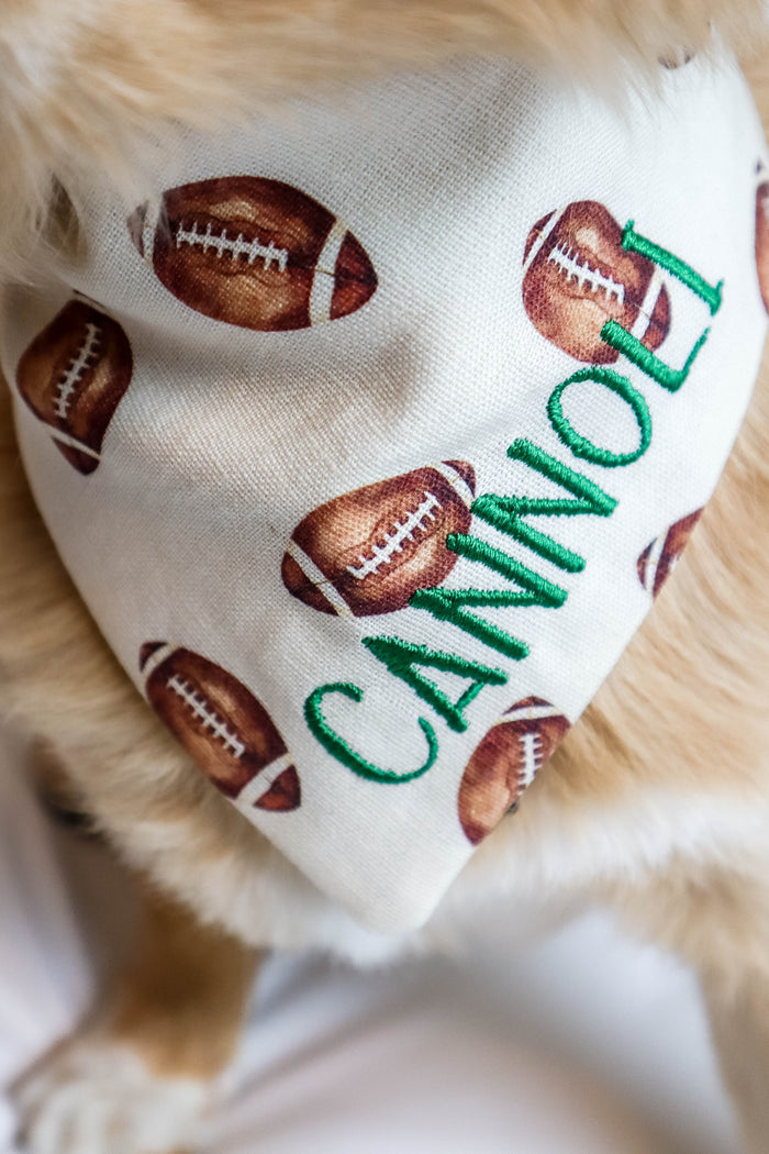 Dog wearing a bandana with football designs and text on a white background