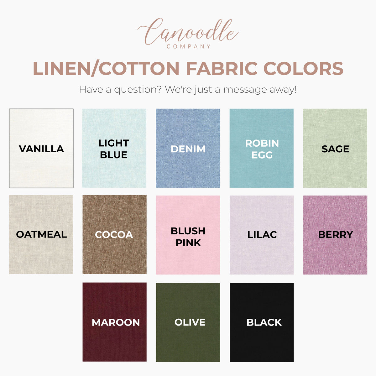 Color swatches of linen/cotton fabric with Canoodle Company branding.