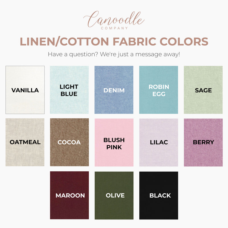 Color swatches of linen/cotton fabric with Canoodle Company branding.