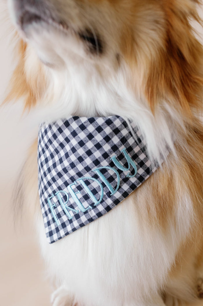Dog wearing a checkered bandana with embroidered text on a beige background