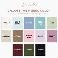 Fabric color swatches with labels and Canoodle Company branding