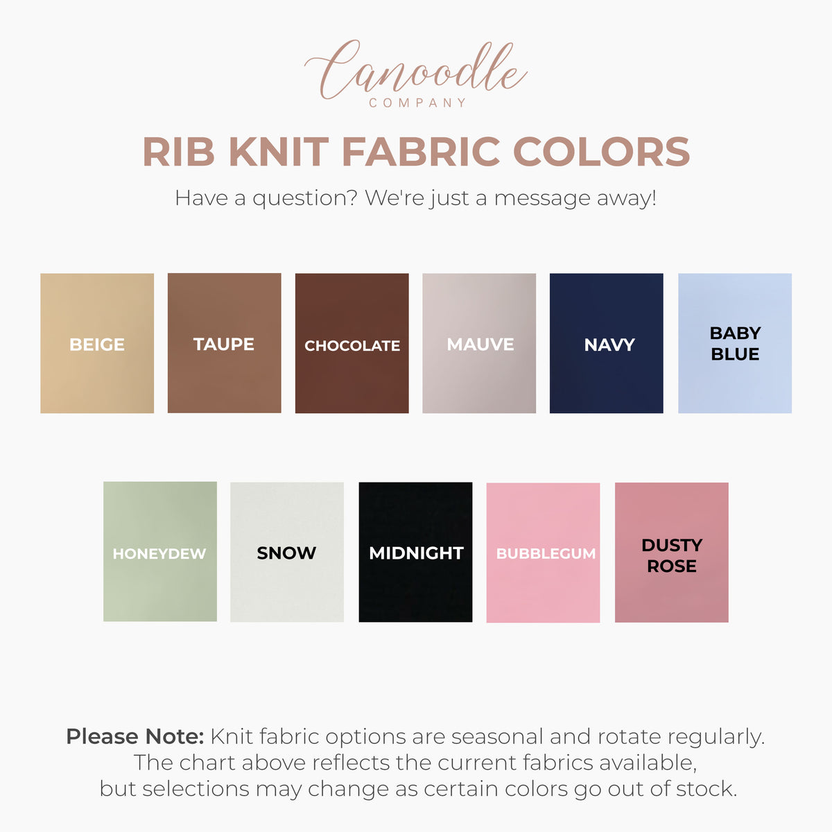 Color swatches of rib knit fabric options with brand name 'Canoodle Company'.